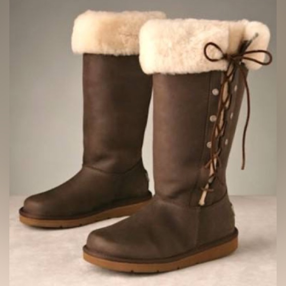 UGG Australia Upside Brown Leather Tall Winter Lace Boots Women’s Size 6